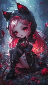 Moonlit chibi fox girl glows softly in a dark rose forest
