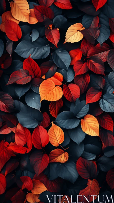 Crimson and teal leaves form dense autumn foliage field.