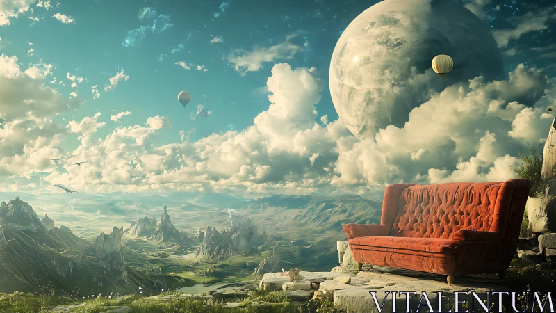 Red velvet sofa overlooks surreal extraterrestrial valleyscape