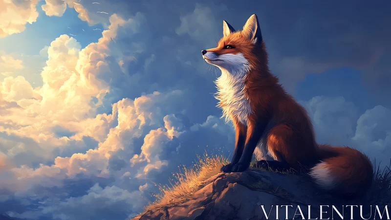 Red fox on rocky hill under expansive clouded sky.