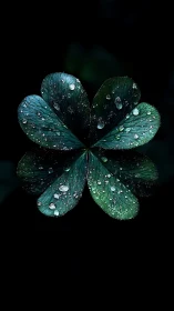 Midnight clover heart glows under scattered silver raindrops