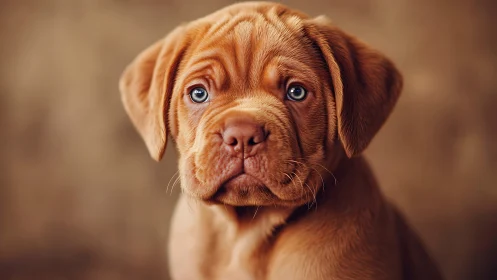 Brown puppy portrait with soulful eyes on warm backdrop.