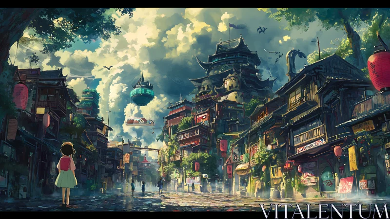 Futuristic floating transports above dense neon-lit Japanese street