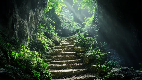 Subterranean Moss-Encrusted Stairway with Crepuscular Illumination