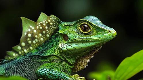 Green lizard close-up with detailed scales and spines.