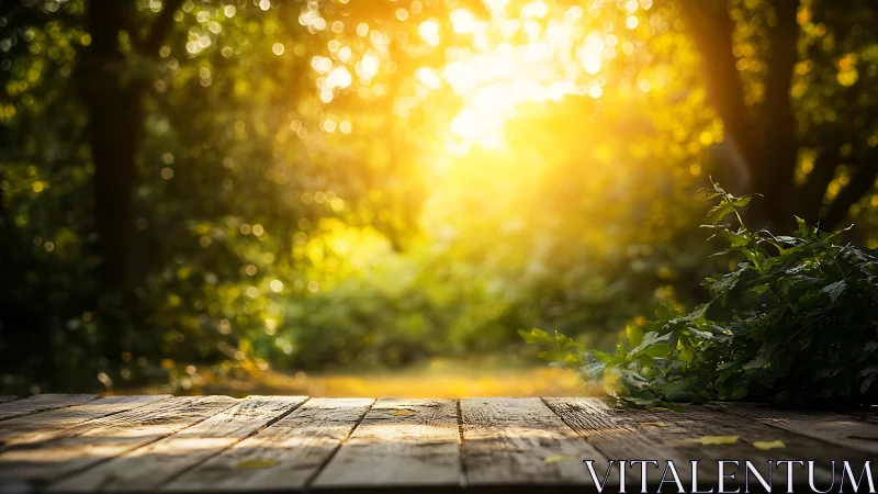 Sunlit wooden table in soft-focus forest clearing glow.