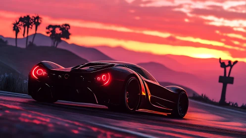 Sleek supercar glowing softly under a dreamy sunset sky.
