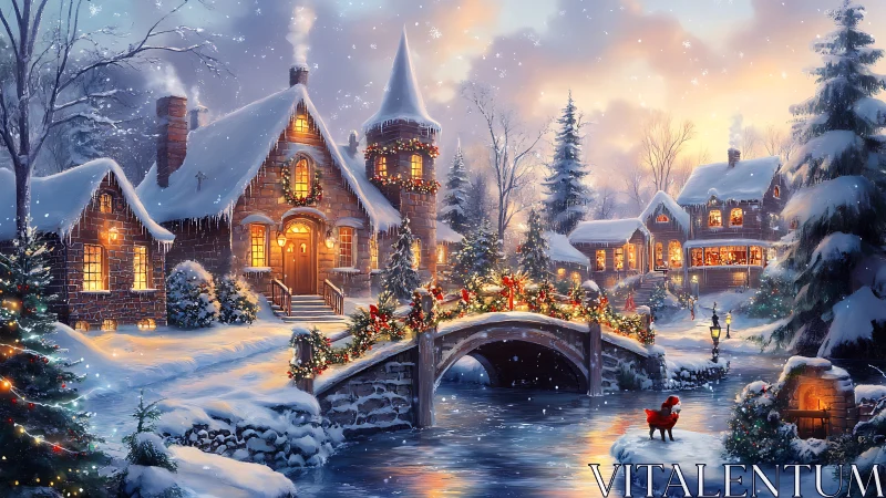 Illuminated winter village bridge in high-detail festive snowfall.