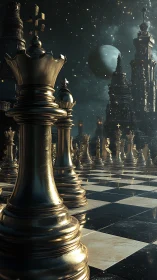 Moonlit brass kings march across a cosmic chess citadel.