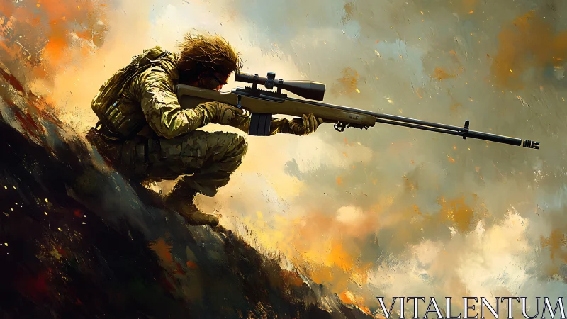 Sniper Positioned on Rocky Ridge in Combat.