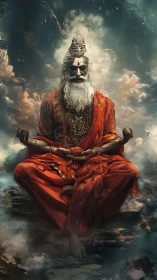 Mystic sage levitates in stormlit clouds with burning calm