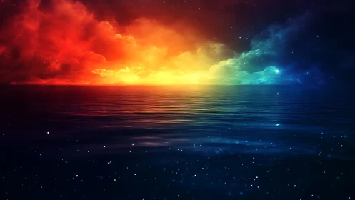 Spectral horizon over reflective oceanic plane at twilight.