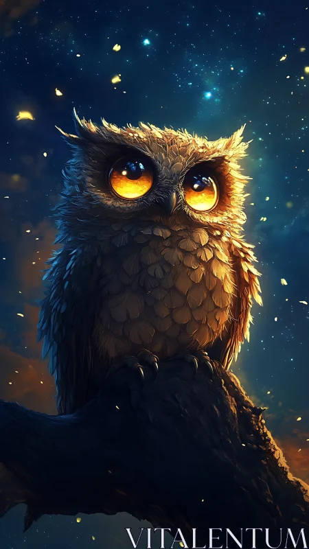 Nocturnal owl on branch under starry sky, stylized render.