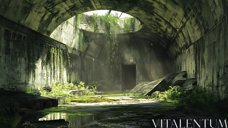 Post-apocalyptic vaulted tunnel with reclaimed greenery environment.