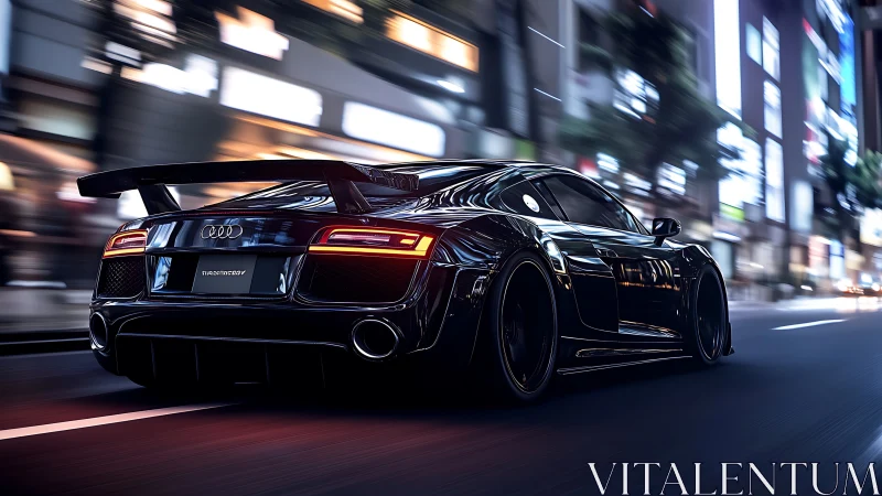 Black Audi sports car at speed on blurred city street.