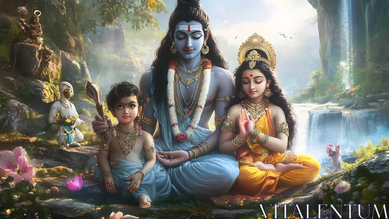 Divine Hindu family meditates in a luminous waterfall sanctuary