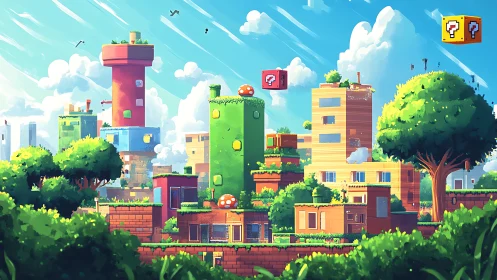 Colorful pixel cityscape with floating question blocks.