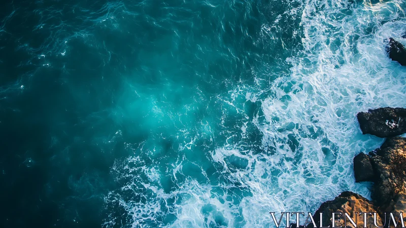 Turquoise ocean surf crashing against rugged coastal rocks.