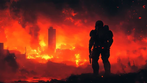 Lone armored sentinel watching a neon inferno consume city ruins.