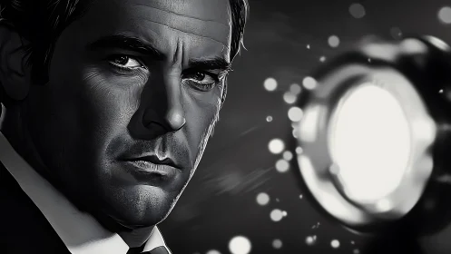 Monochrome male portrait faces strong circular light source