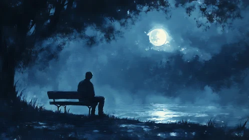 Solitary figure watches moonlit lake under deep blue sky.