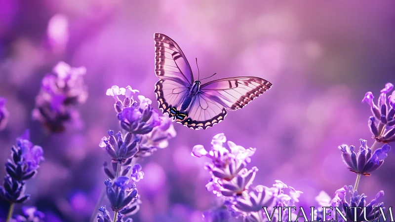 Lavender dreamscape cradles a luminous violet butterfly.