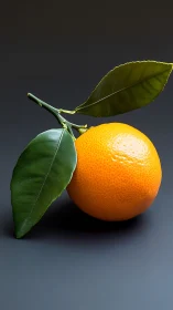 Orange fruit with attached green leaves rests on surface