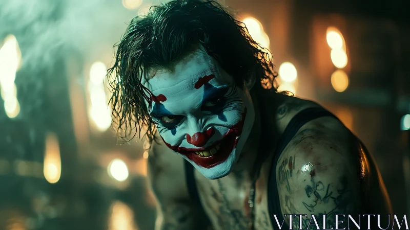 Sinister clown figure under cinematic firelit bokeh glow.