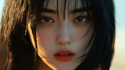 Sunlit close up of a thoughtful girl with gentle gaze.