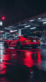 Wet-night automotive aerodynamics under neon spectral reflections.