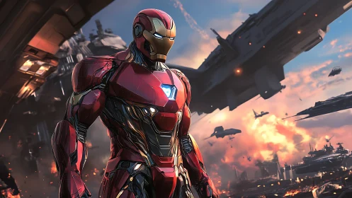 Armored hero stands steady amid blazing sky battlefields.