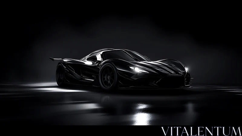 Black hypercar glows under dramatic studio lighting at night.