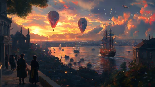 Sunlit harbor skyline with airships and tall ships at dusk.