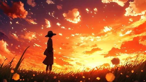 Silhouetted figure in field under expansive orange sunset sky.