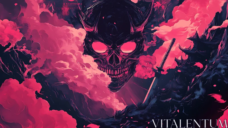Fiery demon skull rising over neon clouds and samurai blade.