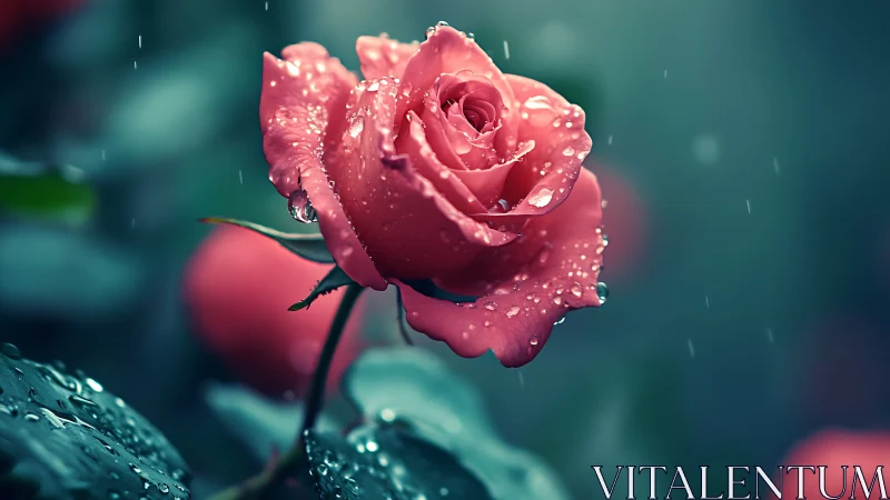 Pink Rose with Water Droplets Against Teal Background