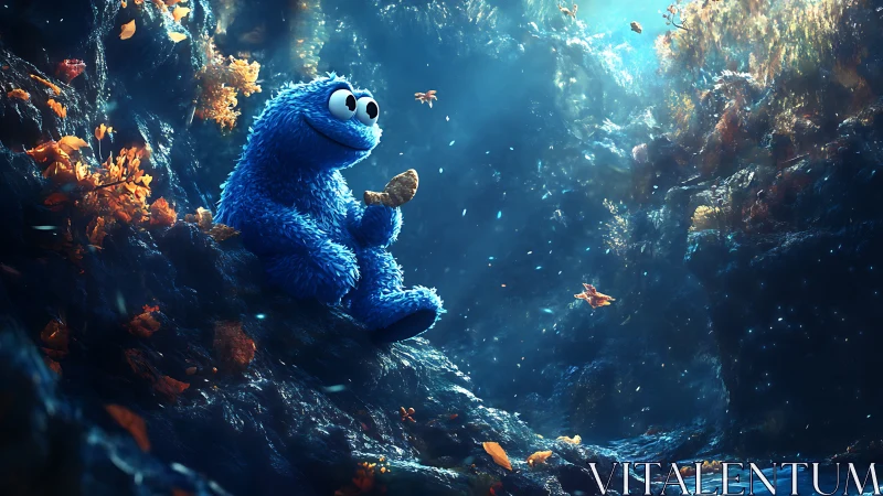 Blue furry character in luminous underwater canyon environment