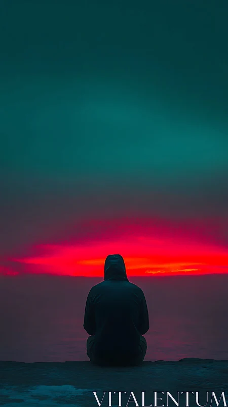 Solitary hooded figure facing vivid neon pink horizon.