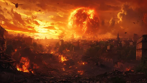 Solar cataclysm ignites crumbling city in molten twilight.