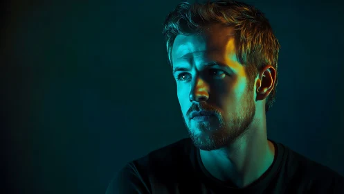 Moody male portrait under teal and amber split lighting.
