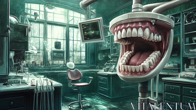 Surreal dental clinic interior with oversized mechanical mouth.