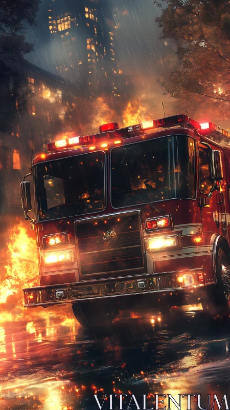 Urban Firestorm: Emergency Response Vehicle Amid Architectural Conflagration.