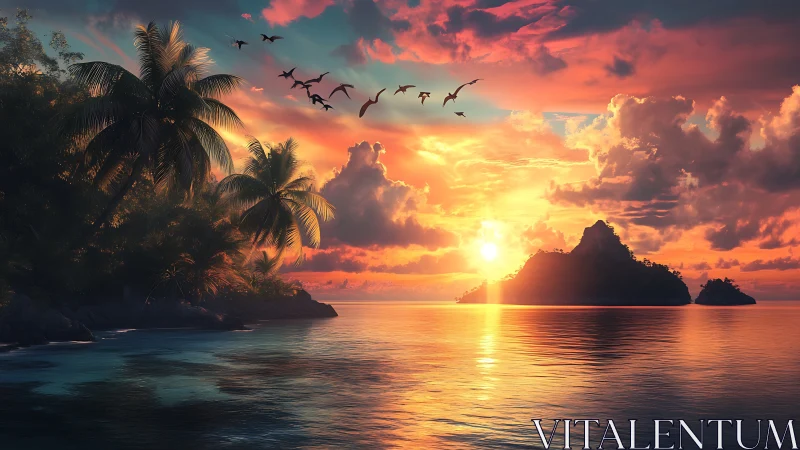 Radiant tropical sunset bathes palm-fringed islands in gold.