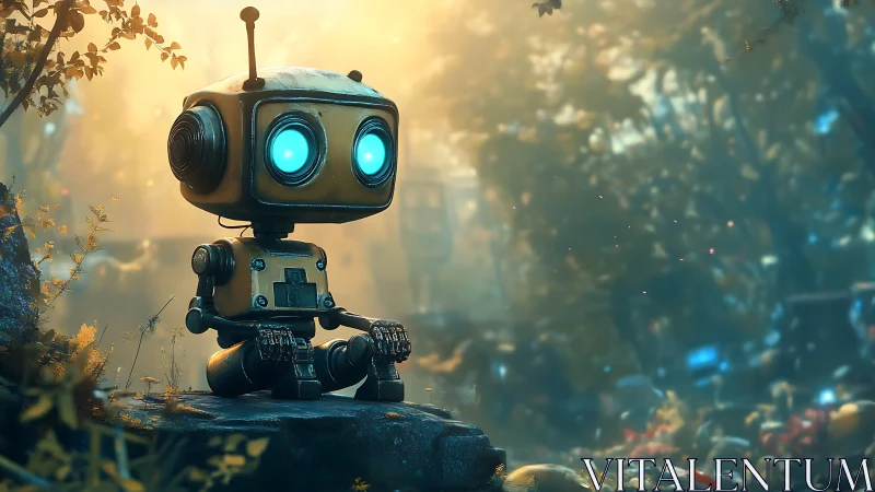 Melancholic yellow robot under golden forest backlight.