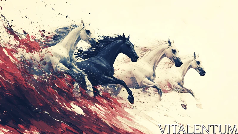 Galloping horses erupt through red abstract paint surge