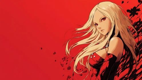 Bold anime heroine gazes ahead in a vivid red world