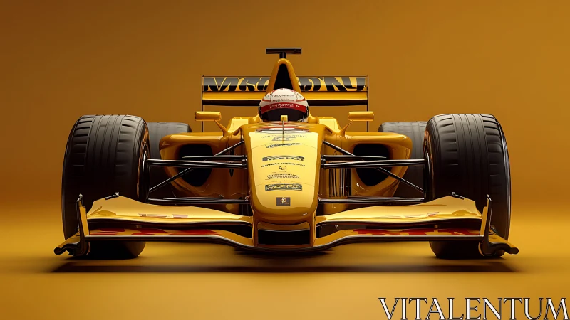 Yellow formula race car front view on solid studio backdrop.