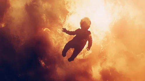 Sun-drenched skyfall child drifting through ember clouds.