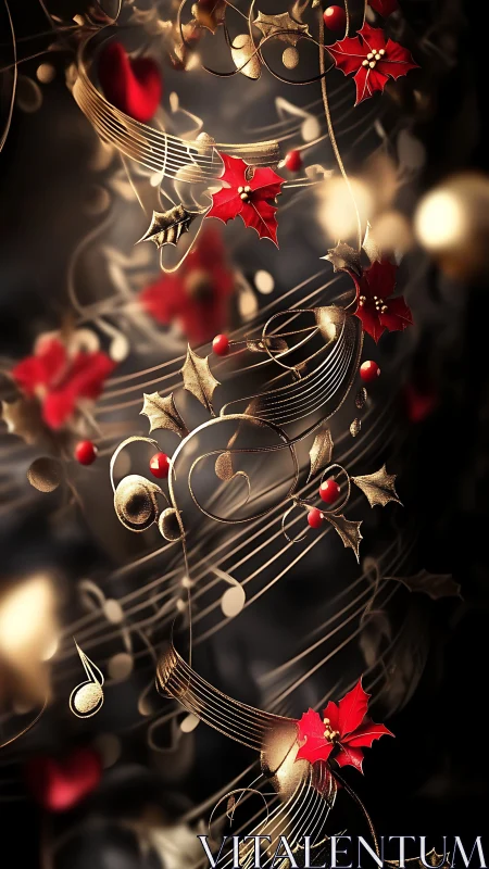 Golden musical staff entwined with festive holly foliage