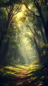 Sunlit Forest Corridor with Atmospheric Volumetric Rays Through Canopy